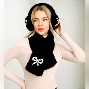 Black and White  Winter Bow Scarf and Ear Muff Set